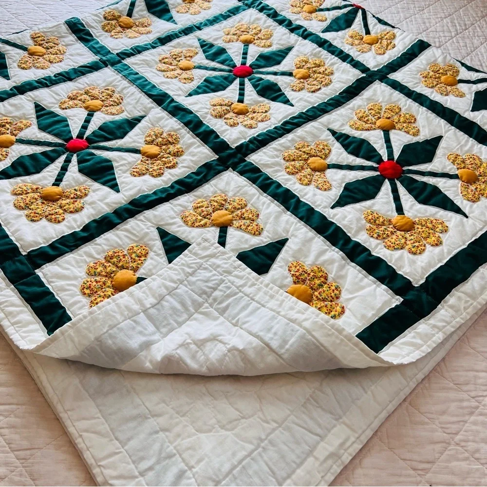 Handmade Floral Appliqué Quilt – 90” x 90” – Signed by Artist Elizabeth Bush